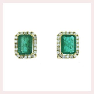 Natural Emerald & Diamond Earrings in 14KT Yellow Gold