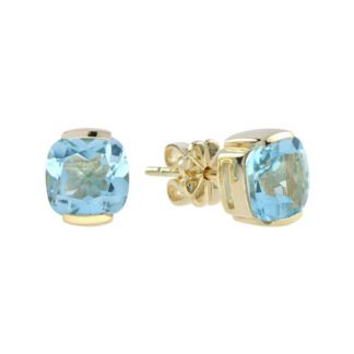 2420105T Cushion Blue Topaz Stud Earrings in 14KT Yellow Gold